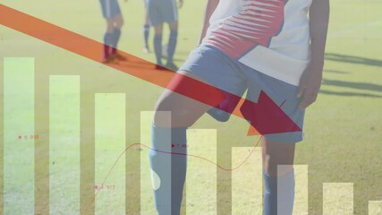 Soccer players on field with financial decline graph animation overlay - Powered by Adobe