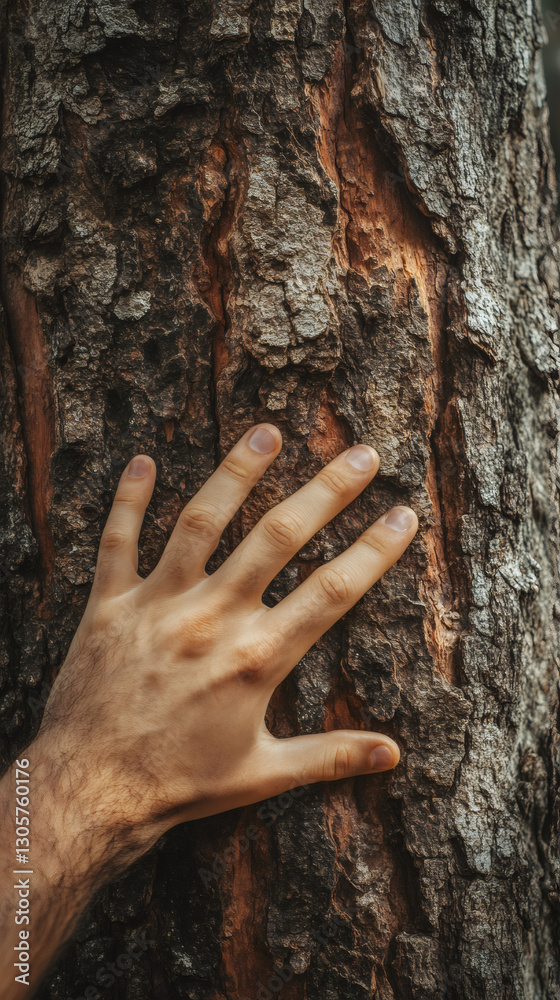 Poster close-up of a male hand gently touching the rough bark of a tree, symbolizing a connection with natu