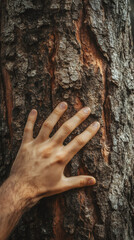 Close-up of a male hand gently touching the rough bark of a tree, symbolizing a connection with nature