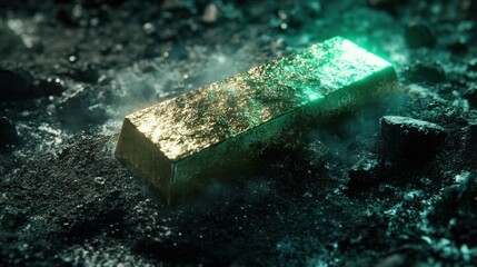 Gold bar surrounded by a soft emerald glow, creating an elegant and rich atmosphere.