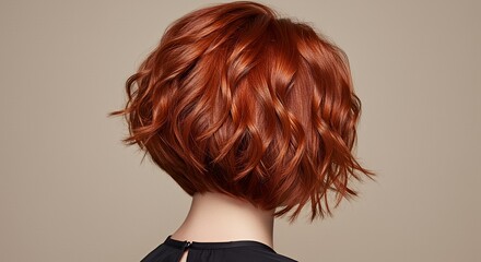 Fototapeta premium Wavy Copper Bob Haircut Style Back View on Neutral Background