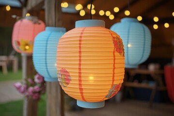 Three lanterns illuminate a wooden structure with warm lights hanging from above.