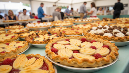 Decorated contest pies displayed on judging tables, culinary celebration