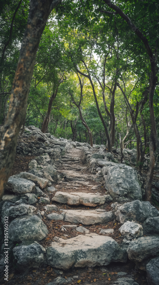 Poster stone stairs winding through trees in a tranquil forest setting, inviting exploration and discovery