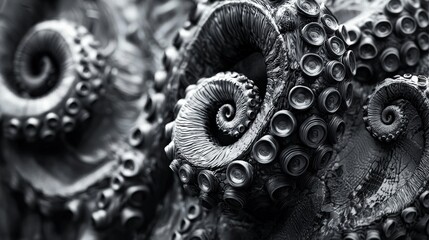 Swirling black and white tentacles creating intricate patterns, bold contrasts, 3D render, soft shadowing, mysterious and otherworldly atmosphere