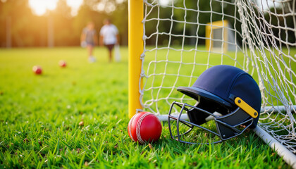 Cricket helmet resting on grass with practice nets, sports preparation