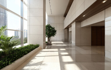 Modern interior design featuring spacious lobby with natural light, greenery, and elegant finishes