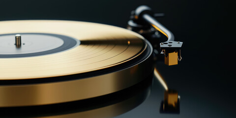 Close-up view of turntable arm on golden vinyl record. Audio equipment for retro vintage music. Nostalgia, symbol of value and recognition