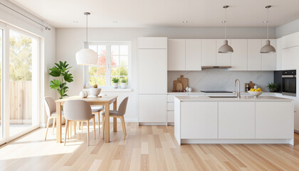 Fototapeta premium Stylish minimalistic kitchen interior with island counter, design inspiration