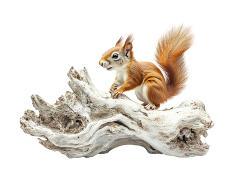 Squirrel climbing on driftwood nature animal wildlife concept isolated on transparent background