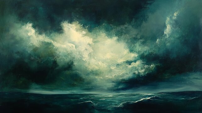 Deep emerald and navy clouds, moody and luxurious with glossy highlights