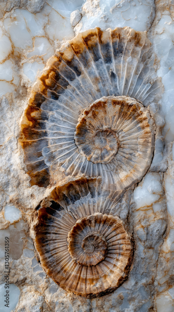 Aufkleber Close-up view of ammonite fossils embedded in a rock surface, showcasing captivating spiral patterns and textures