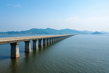 long bridge stretches over calm water, connecting distant shores and surrounded by mountains. serene landscape evokes sense of tranquility and