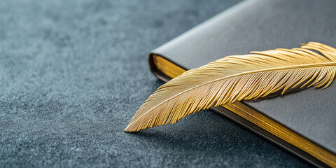 Gold feather pen and leather bound book. A creative concept of a recognized author, an award to the writer