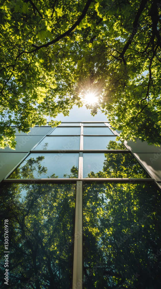Poster sunlight filtering through vibrant green leaves casts playful light and shadow on the reflective fac