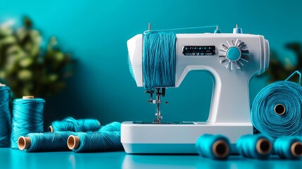 A modern sewing machine with blue thread running through the needle, background filled with spools of matching blue yarn, clean minimalist aesthetic