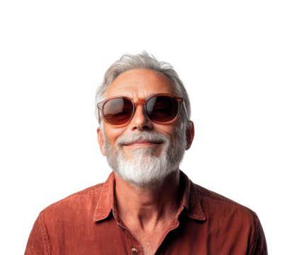 Smiling senior man in sunglasses portrait bright cheerful expression isolated on transparent background