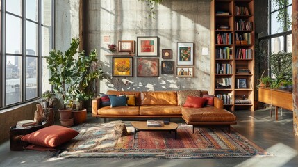 Mid-century modern living space with a leather sofa, colorful cushions, and a vintage rug, surrounded by an artful gallery wall and tall bookshelf