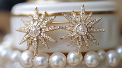 Gold star-shaped earrings with diamonds, elegantly set on a pearl-embellished jewelry holder.