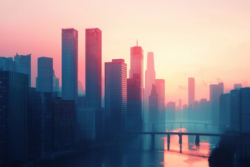 Fototapeta premium stunning urban skyline at sunset, showcasing modern architecture and vibrant colors. cityscape reflects on water, creating serene atmosphere