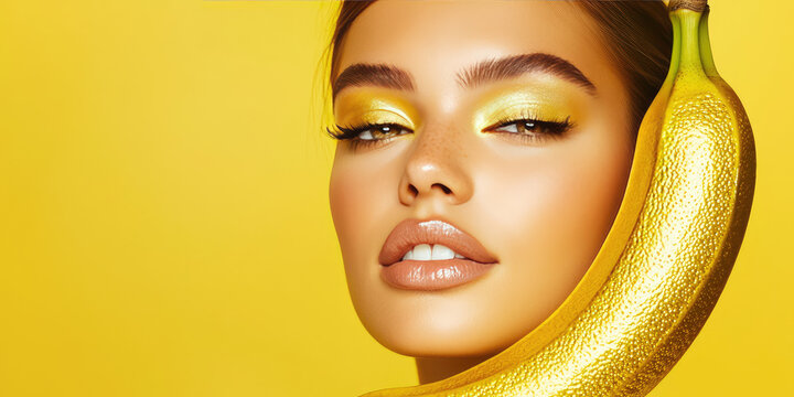 Hot young woman holding a banana. Creative concept of advertisement of courses on blowjob