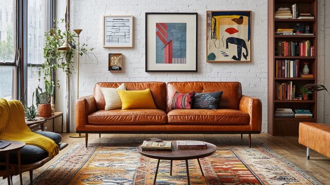 Mid-century modern living space with a leather sofa, colorful cushions, and a vintage rug, surrounded by an artful gallery wall and tall bookshelf