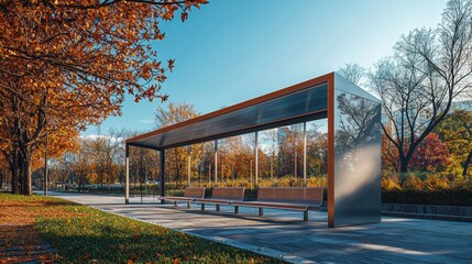 Fototapeta premium Minimalist bus stop with a sleek modern design, empty benches casting shadows, surrounded by vibrant trees and clear blue skies on a sunny day