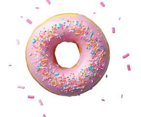 Delicious pink sprinkled donut food bright top view sweet treat concept isolated on transparent background
