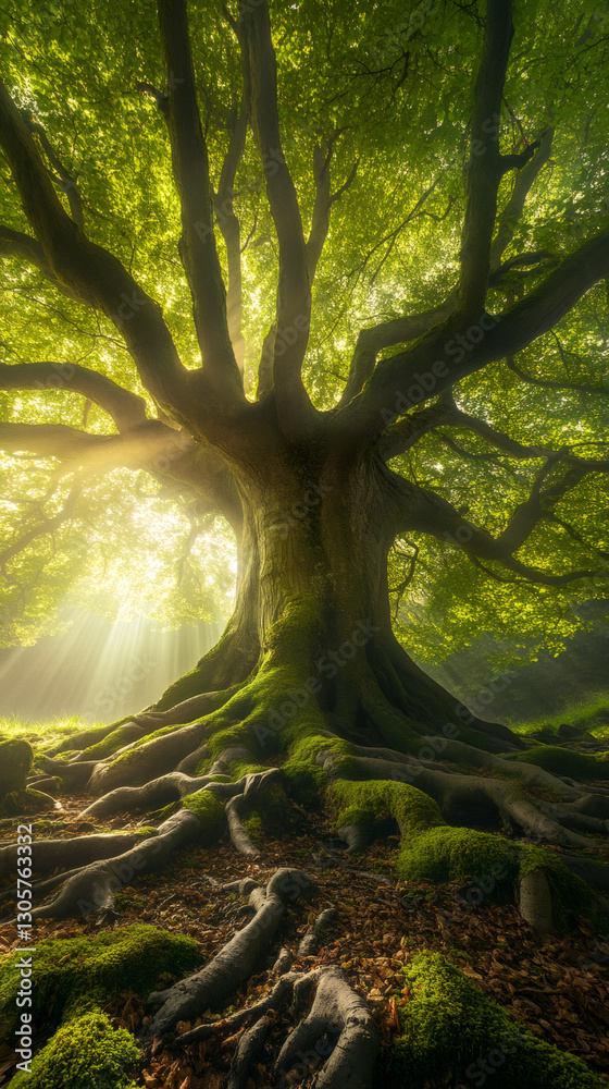 Poster sunbeams filtering through branches illuminate majestic old tree with large roots, moss, and fallen 