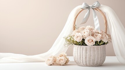Elegant gift basket adorned with cascading silver bows, surrounded by soft drapery, special occasion decor concept