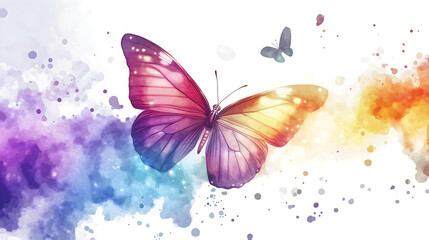 A colorful butterfly is flying over a splash of paint
