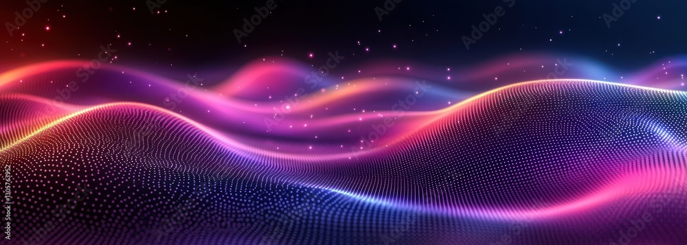Poster abstract digital waves with vibrant colors and glowing particles creating a dynamic background for t