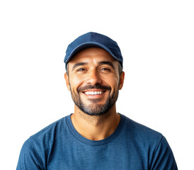 Fototapeta premium Smiling man in blue cap portrait bright front view positive vibes isolated on transparent background