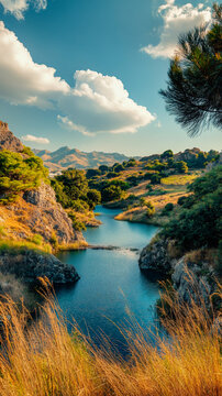 Flowing Ciane river winding through rocky canyon landscape, surrounded by lush vegetation under bright summer sunlight near Syracuse, Sicily