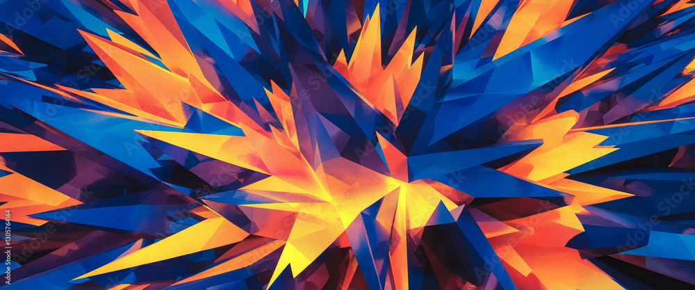 Poster Abstract image of sharp, angular shapes in blue, orange, and yellow hues creating a dynamic, energetic composition, showcasing a vibrant and modern aesthetic ideal for digital design