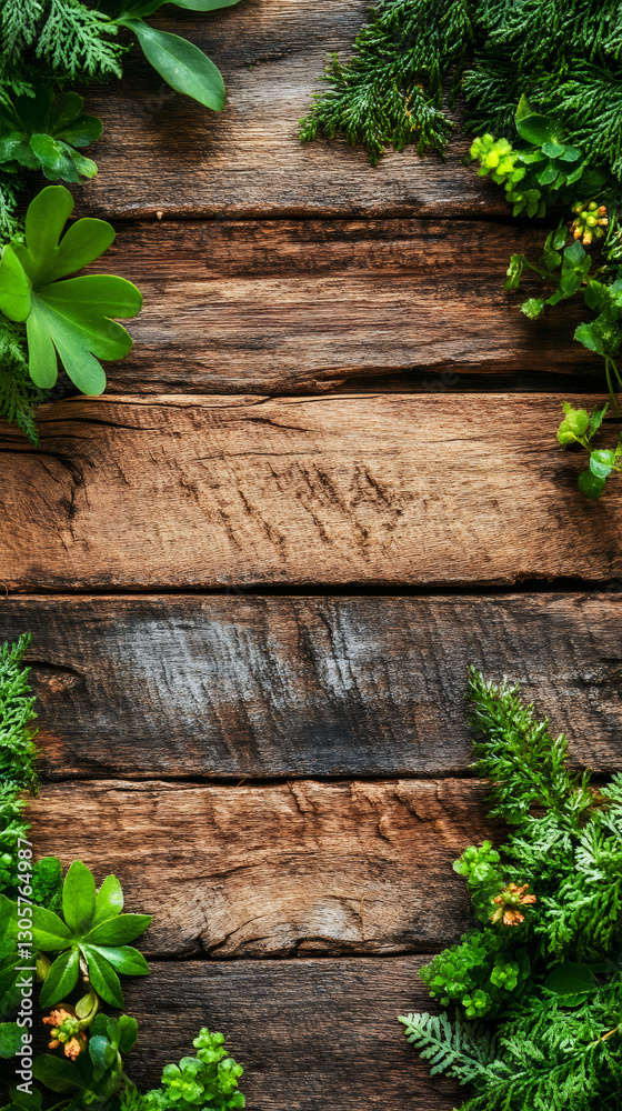 Poster green leaves arranged on a rustic wooden background, creating a natural frame with copy space in the