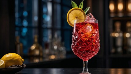 Cocktail colore rosso con fetta di limone