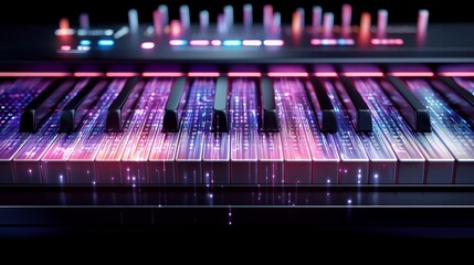 Sleek digital piano in a modern studio, augmented reality overlays showing dynamic key sensitivity and sound sample waves, future music tech concept