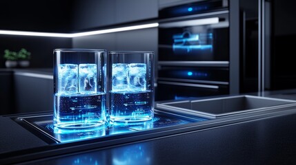 Sleek home ice maker in augmented reality, showcasing cylindrical ice and crushed options, digital display with blue lighting, set in a high-tech kitchen