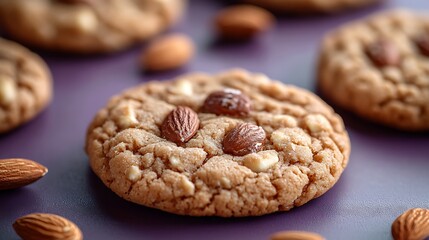 One big cookie with a few almonds top view purple pastel background