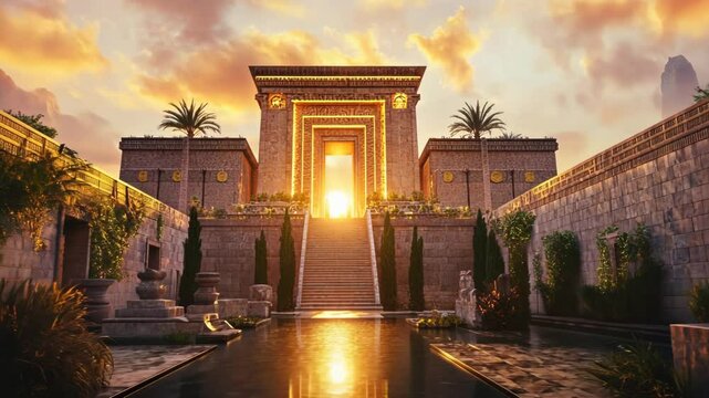 Majestic ancient temple at sunset, bathed in golden light ambience