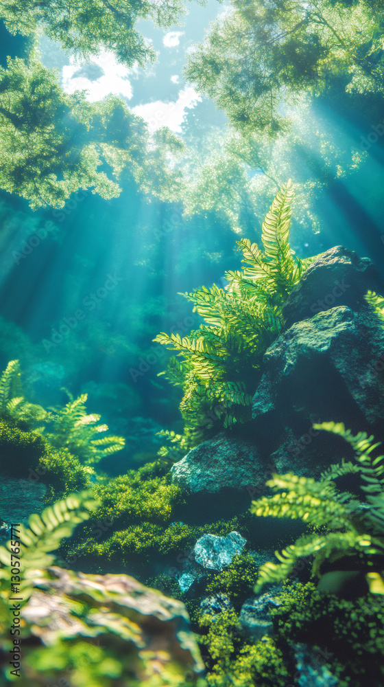 Poster sunbeams are illuminating underwater plants and rocks in a beautiful cenote, creating a magical atmo