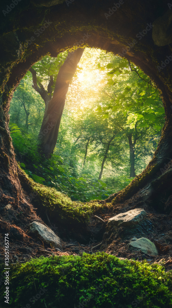 Poster sunlight illuminates lush green forest through circular opening in mossy tree trunk, creating magica