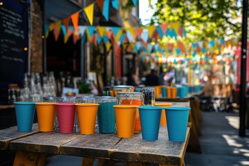 Fototapeta premium Colorful cups arranged neatly on a picnic table, ready for a cheerful gathering.