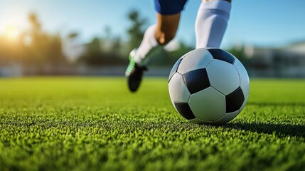 Fototapeta premium People playing soccer game in field.