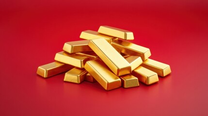 Small pile of gold bars elegantly positioned on a smooth wine-red backdrop.