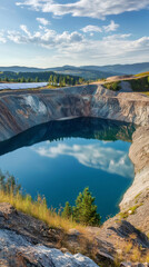 Deep blue water reflecting the sky fills a flooded open pit mine adjacent to a solar power plant, merging industry and nature seamlessly