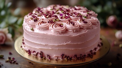 A rose pistachio cake on golden cake board