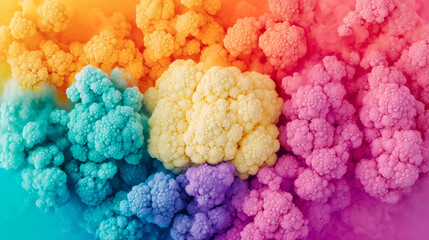 Surreal abstract cauliflower-like structures with a soft organic texture, blending into a vibrant multicolored gradient background, futuristic and dreamy 3d render