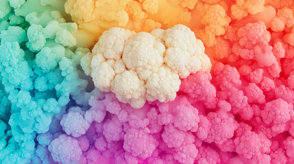 Surreal abstract cauliflower-like structures with a soft organic texture, blending into a vibrant multicolored gradient background, futuristic and dreamy 3d render